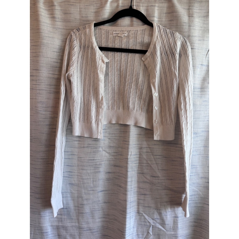 Aeropostale Womens Cropped Pointelle Cardigan Sweater Cream White Small